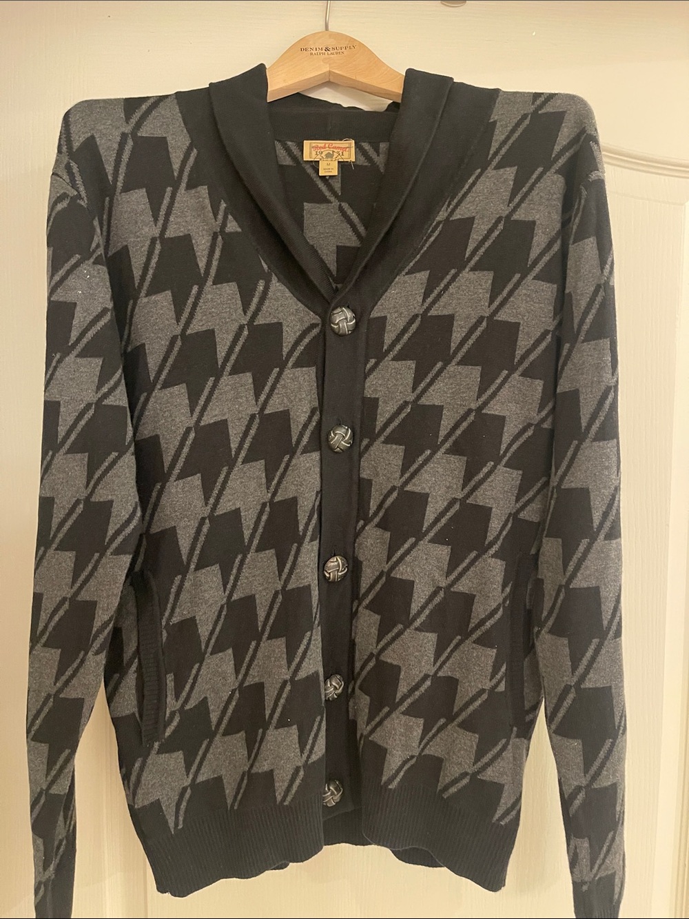 Red Camel Grey and Black Houndstooth Shawl-Cardigan